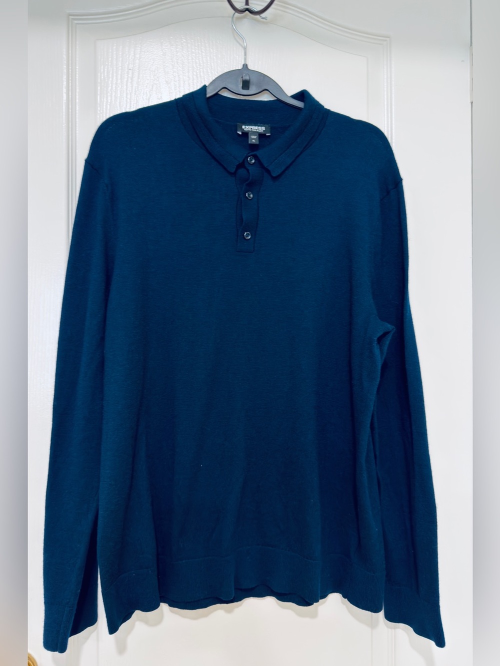 Express Merino Wool Blend Polo Sweater Men’s XL Navy Long Sleeve Knit Pullover